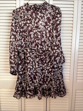 Mango Burgundy and Cream Floral Ruffle hem Dress